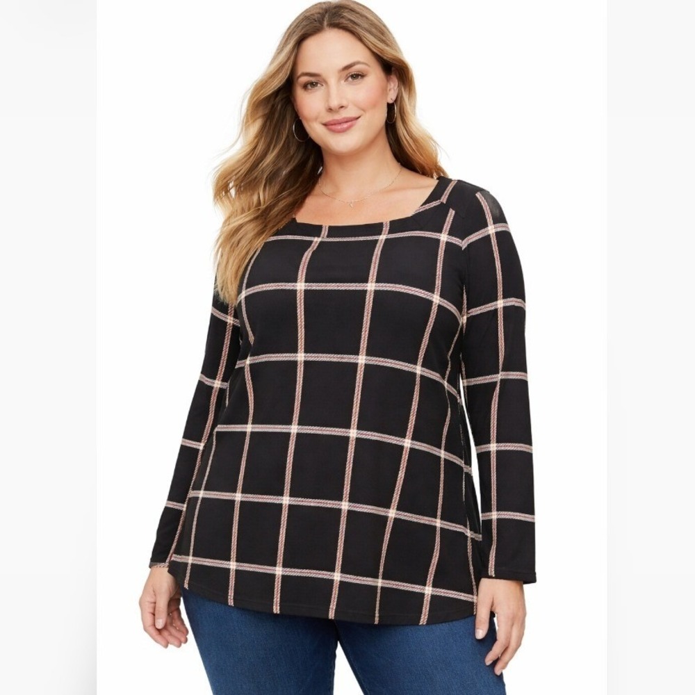 Liz Claiborne Plus Size 3X Black Plaid Square Neck Career Blouse Relaxed Fit